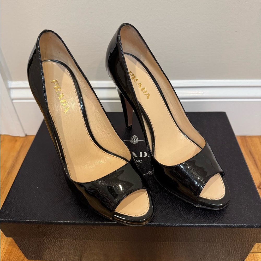 Prada Glossy Black Peep-Toe Heels - Picture 2 of 4